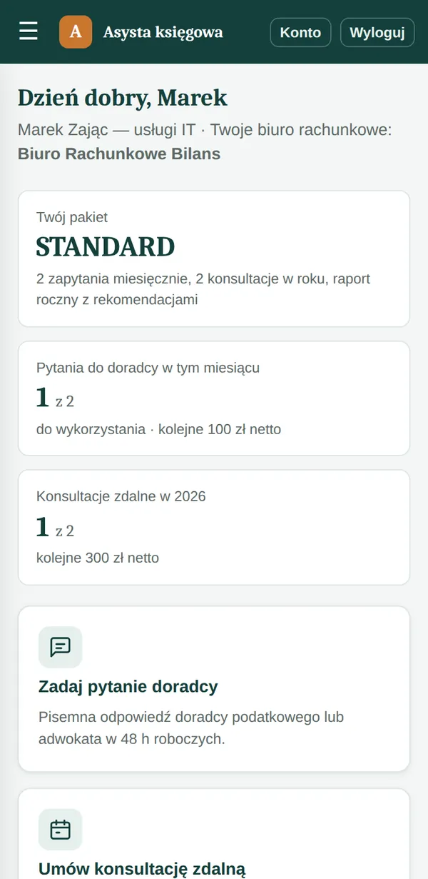 Pulpit klienta na telefonie: pakiet STANDARD, pytania do doradcy i konsultacje do wykorzystania